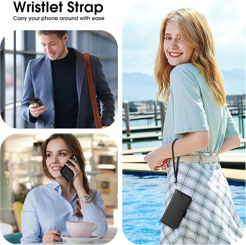Arae Compatible with iPhone 16 Case Wallet with Card Holder, Wristlet Strap Wallet Flip Cover for iPhone 16 6.1 inch Men/Women, RFID Blocking, Kickstand,Litchi Black - Image 5
